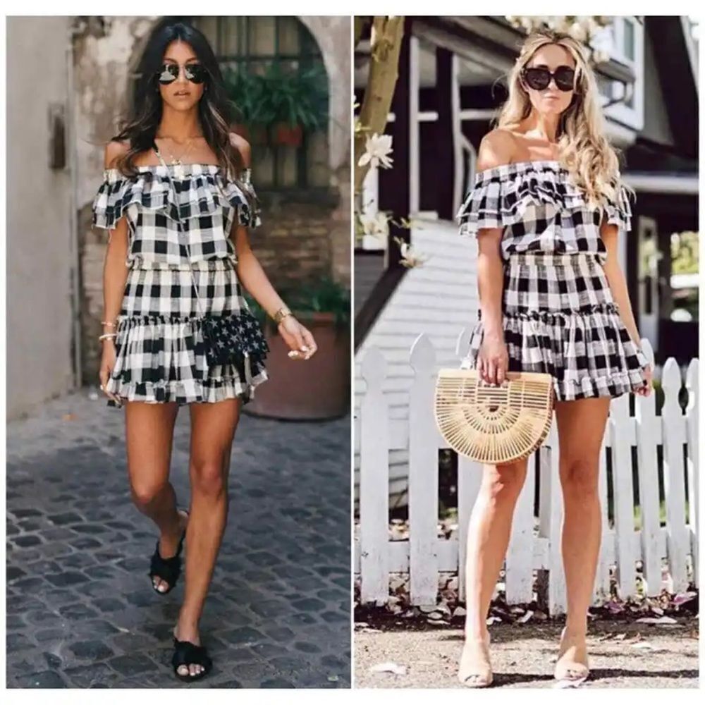 Misa Los Angeles Black and White Gingham Off-Shoulder Mini Dress